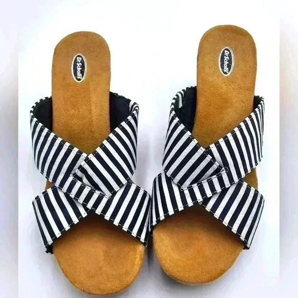 Dr. Scholl's Bali Blue and White Striped Cork Wedge Shoes Womens Size 7.5 - Picture 1 of 5